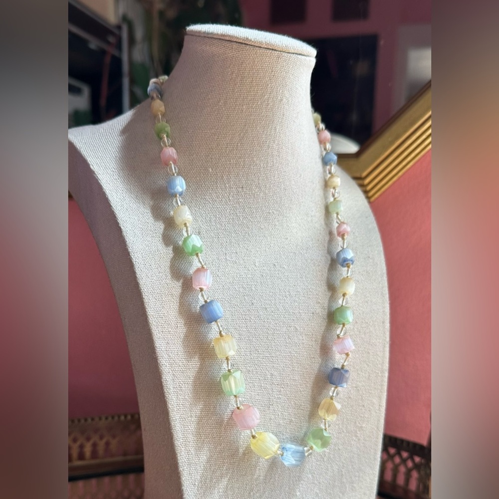 1950's Dreamy Rainbow Crystals Czech Satin Glass Pastel Hues Vintage Necklace